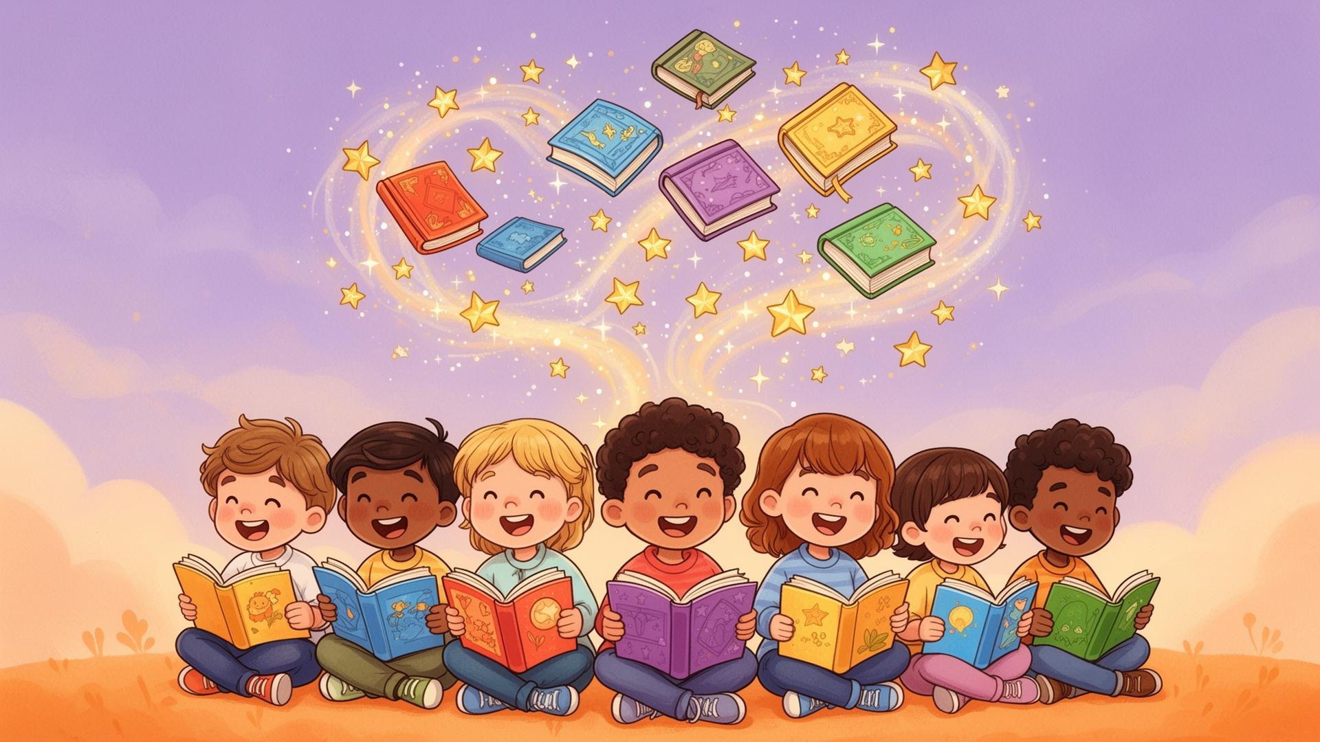 Children happily reading colorful WonderBook stories surrounded by floating books and stars